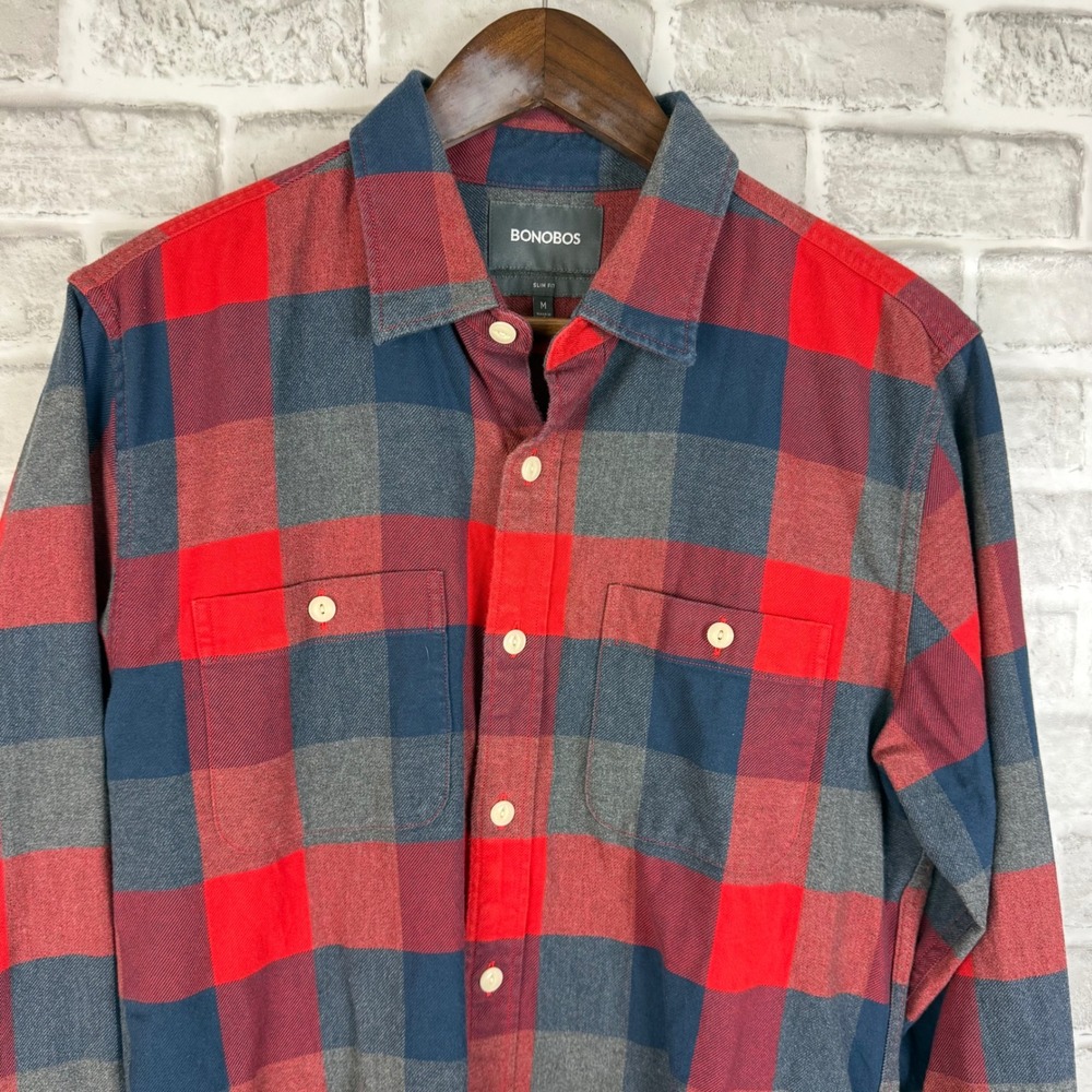 Bonobos Mens Slim Fit Flannel Shirt Red Navy Blue Grey Buffalo Plaid Size Medium